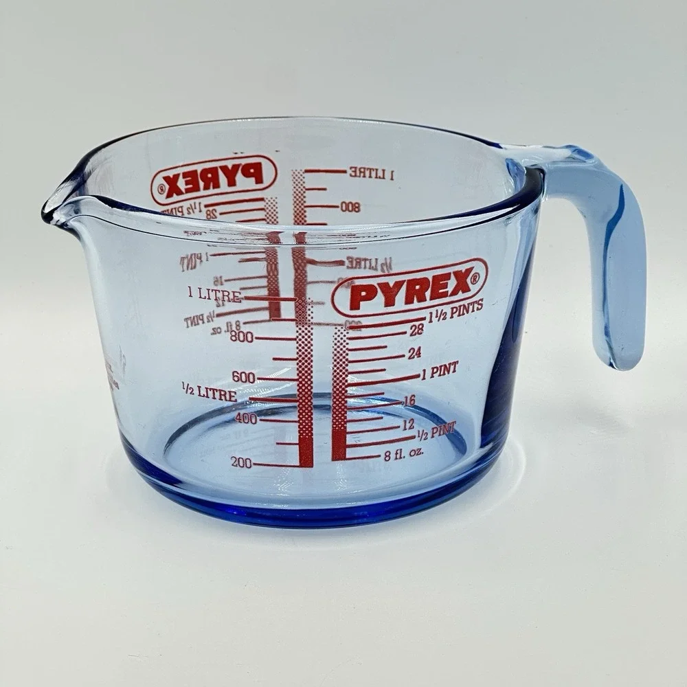 Vintage Blue PYREX Glass Measuring Cup 1 Litre 1.5 Pint Tinted Kitchenware 1970s